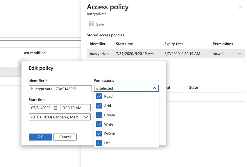 Screenshot of Asure Storage container access policy